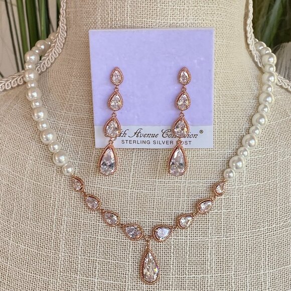 Rose Gold Cubic Zirconia Earrings & Faux Pearl Necklace - Picture 1 of 5